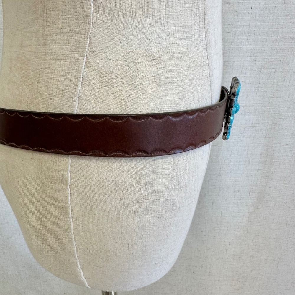 Western‎ Boho Turquoise Flower Buckle Brown Genuine Leather Belt XL - Picture 8 of 13